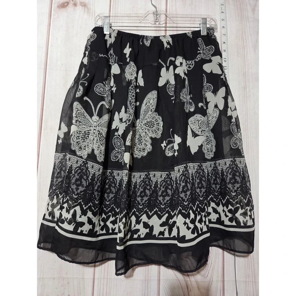 Butterfly‎ Print Chiffon Skirt Black White Lace Border Knee Length Womens 8